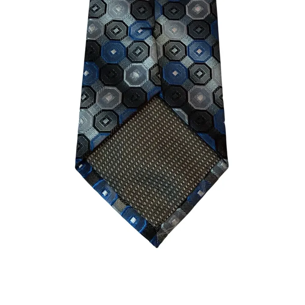 VTG Croft & Barrow‎ Blue Black Silver Geometric Silk Necktie Hexagon Pattern Tie